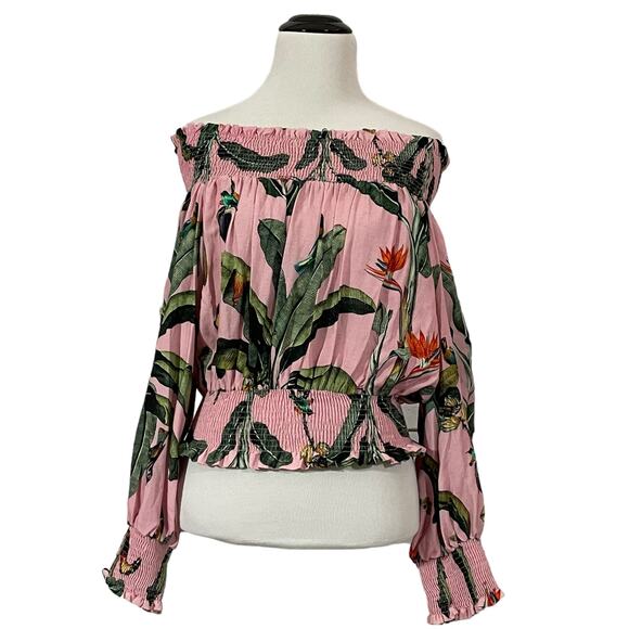 PatBo Tropical Print Off the Shoulder Top - Pop Pink - Small - Picture 1 of 16